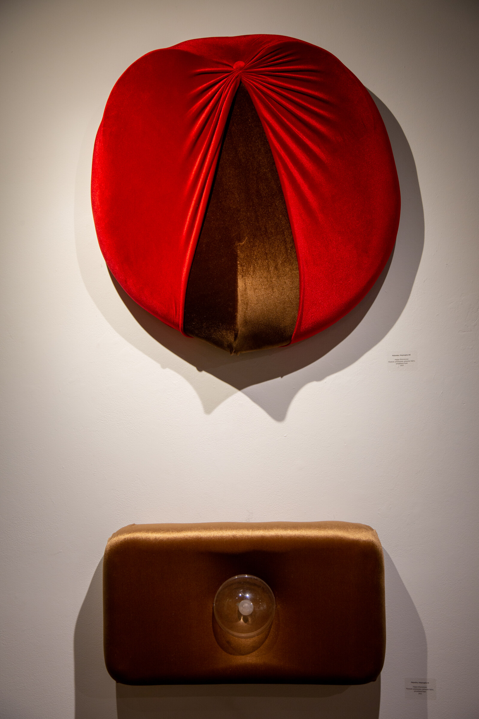Polymère, Polymorphe — mustard velour sculpture with pink interior, detail.