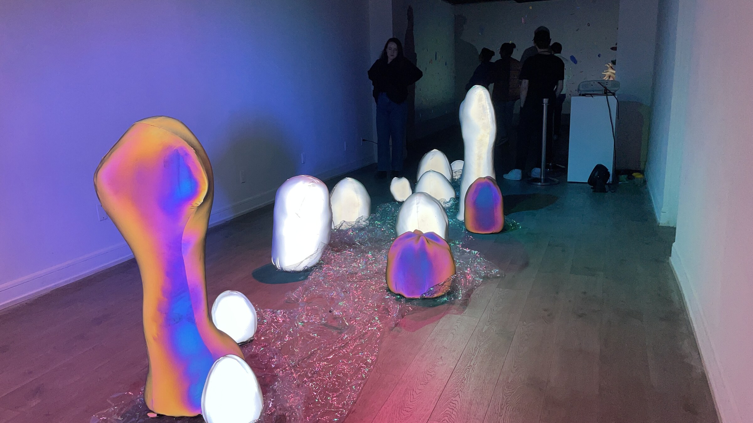 Rar.e.Faction — wide install view, iridescent standing sculpture in orange and blue, white glowing forms on mylar, visitors silhouetted in background.